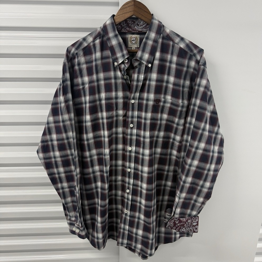 Cinch Mens Plaid Button Down Shirt L Western Cowboy Long Sleeve Burgundy Blue